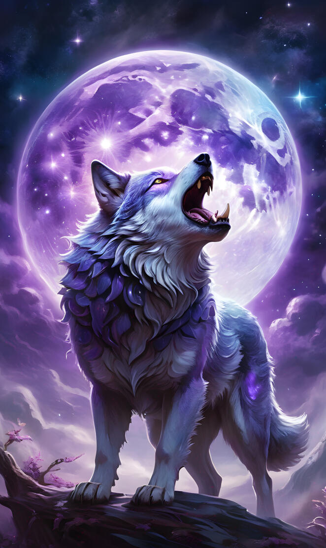 a wolf howling at the purple moon