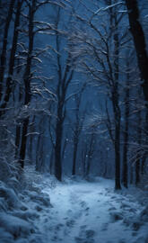 a snowy forest with bare trees