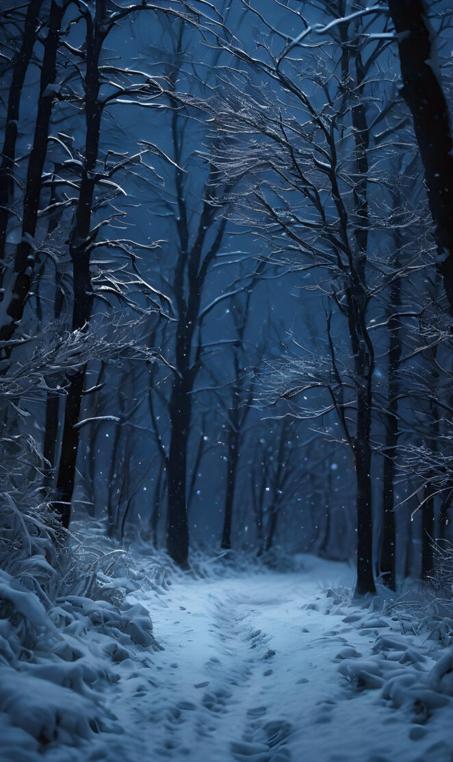 a snowy forest with bare trees