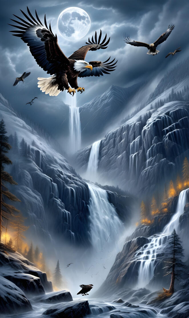 flying eagles over waterfalls
