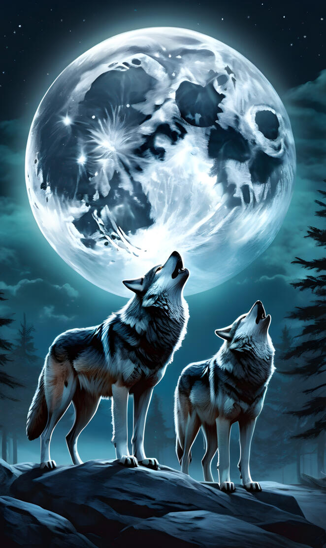 a group of wolves howling at the moon