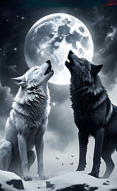 a couple of wolves howling at the moon