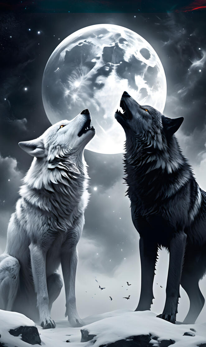 a couple of wolves howling at the moon