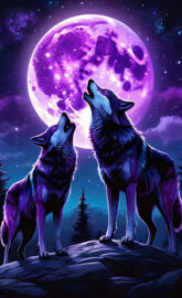 a couple of wolves howling at the moon