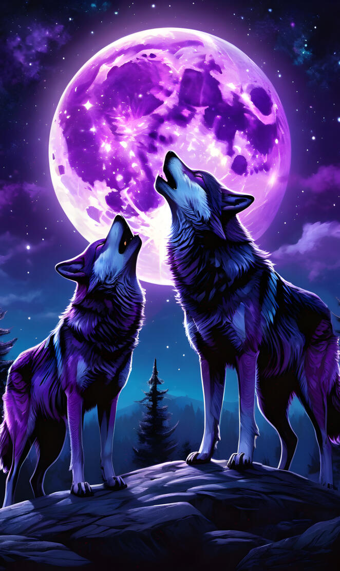 a couple of wolves howling at the moon