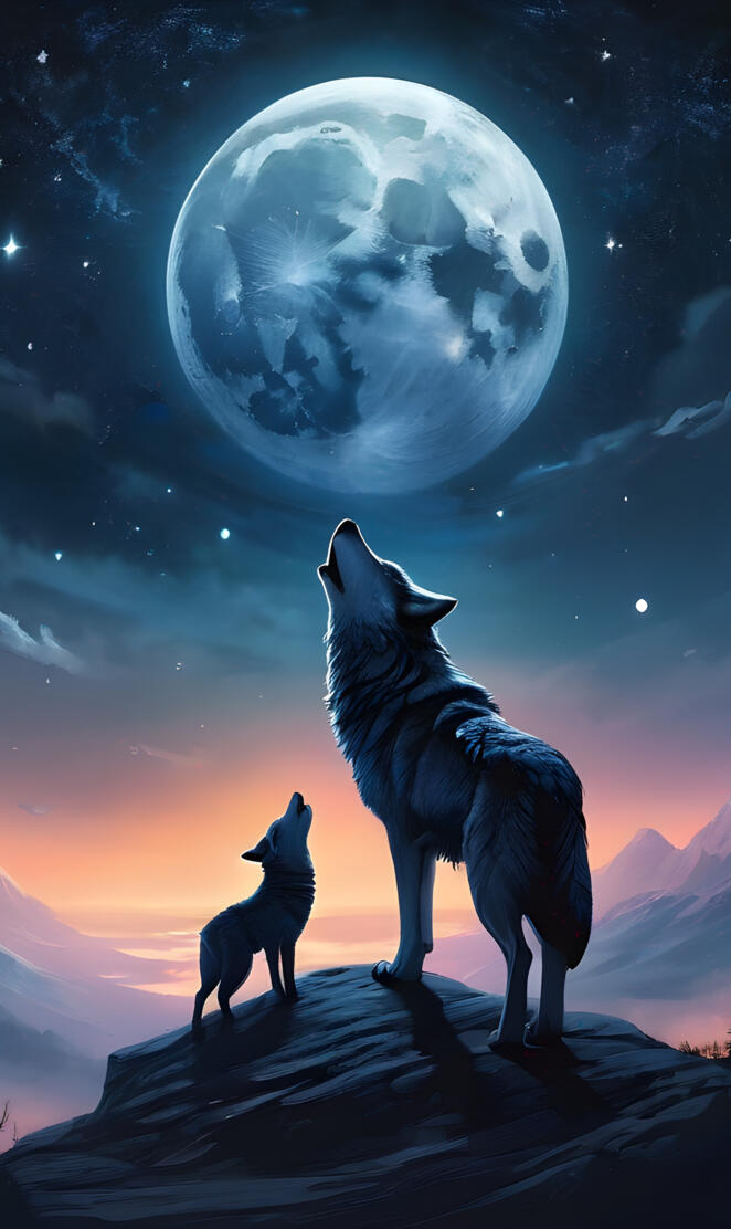 a couple of wolves howling in front of the moon