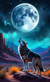 a wolf howling in front of a moon and mountains