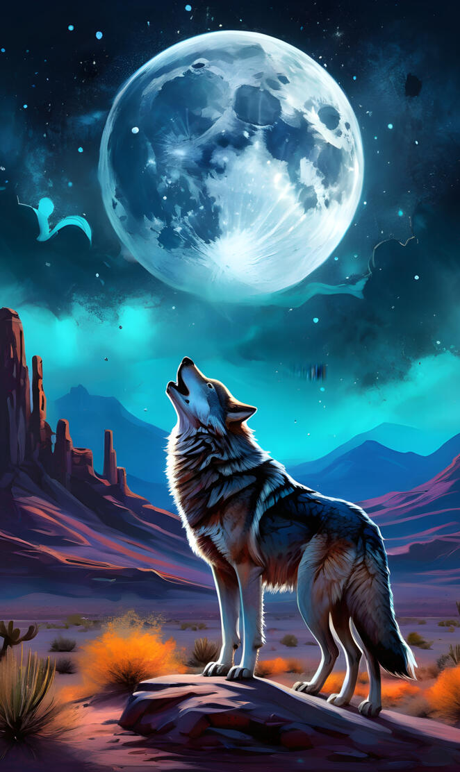 a wolf howling in front of a moon and mountains