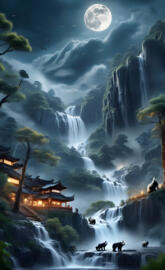 house on clif with waterfalls in moonlight