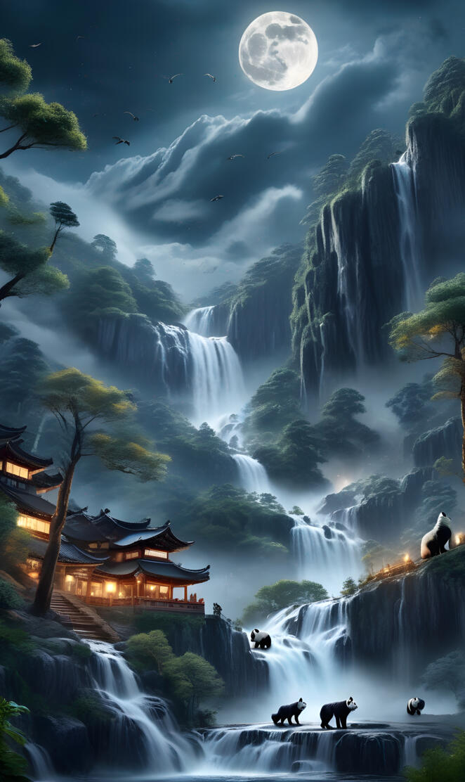 house on clif with waterfalls in moonlight