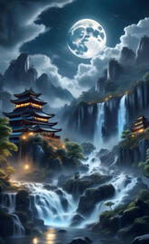 house on clif of waterfalls with the moon