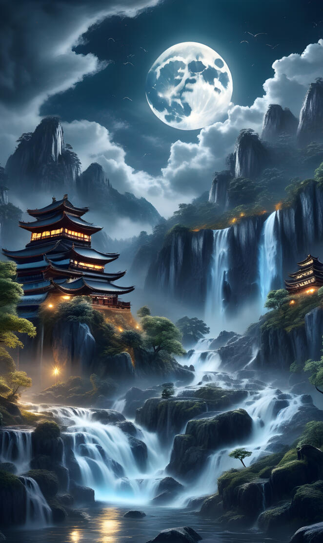 house on clif of waterfalls with the moon