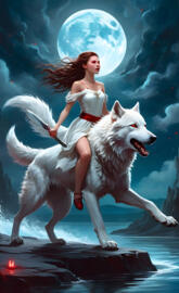 a woman riding a white wolf on a rocky surface surrounded by water