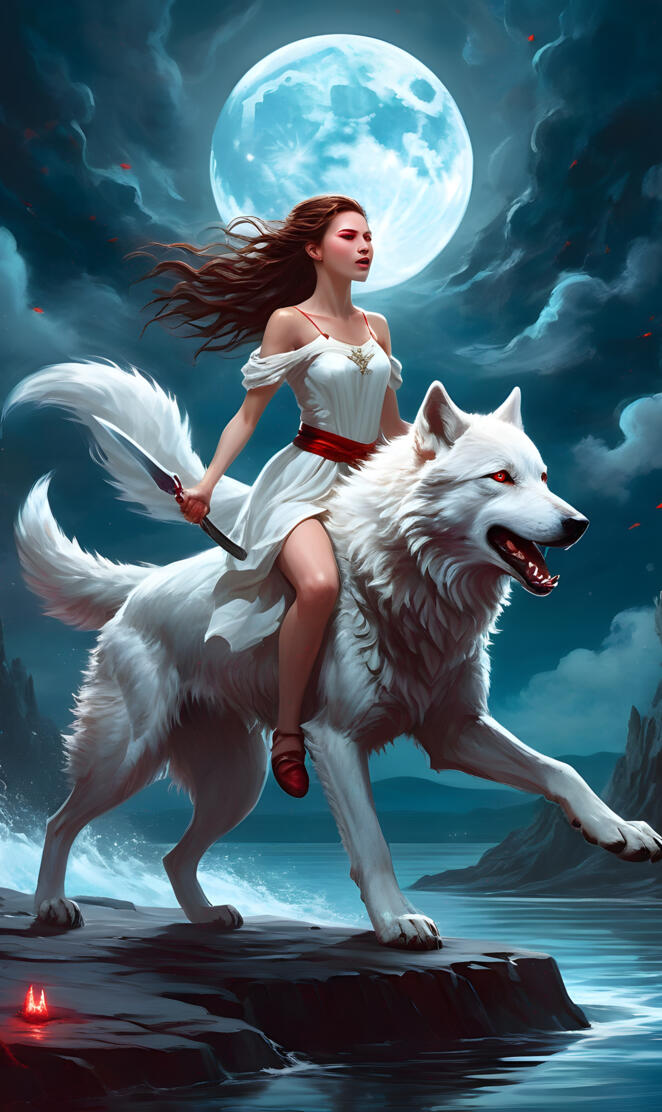 a woman riding a white wolf on a rocky surface surrounded by water