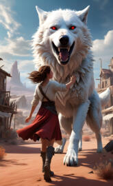 a woman putting her hand on a wolfs chest for comfort