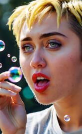 Miley Cyrus blowing bubbles