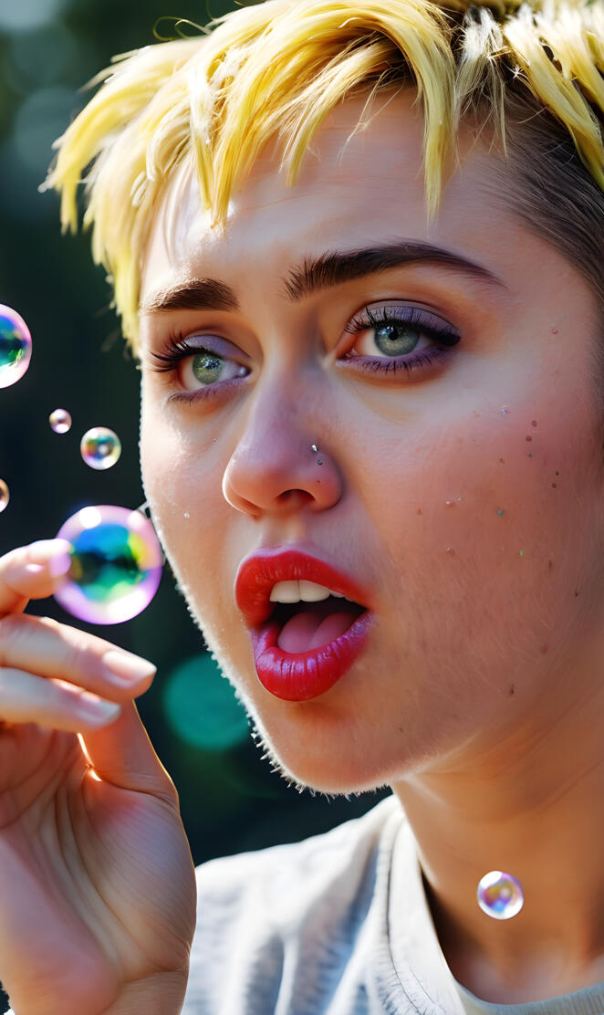 Miley Cyrus blowing bubbles