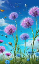 Dandelion seeds blowing in the air