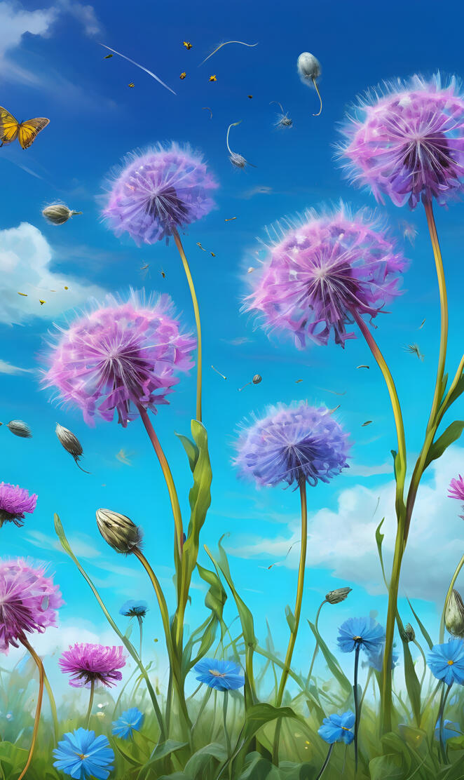 Dandelion seeds blowing in the air