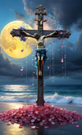 rose petals at his feet