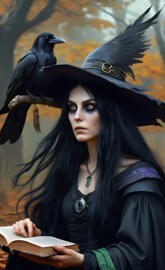 Halloween, stunned witch, black robe, Raven, Book of Shadows
