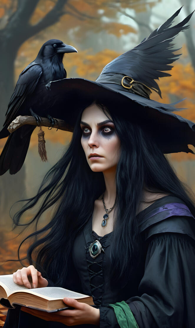 Halloween, stunned witch, black robe, Raven, Book of Shadows