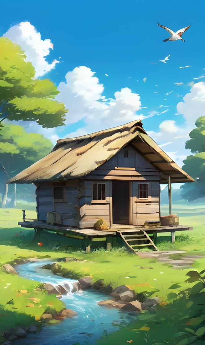 a small hut with a stream running through it