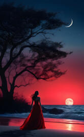 a person in a red dress in front of a tree at night