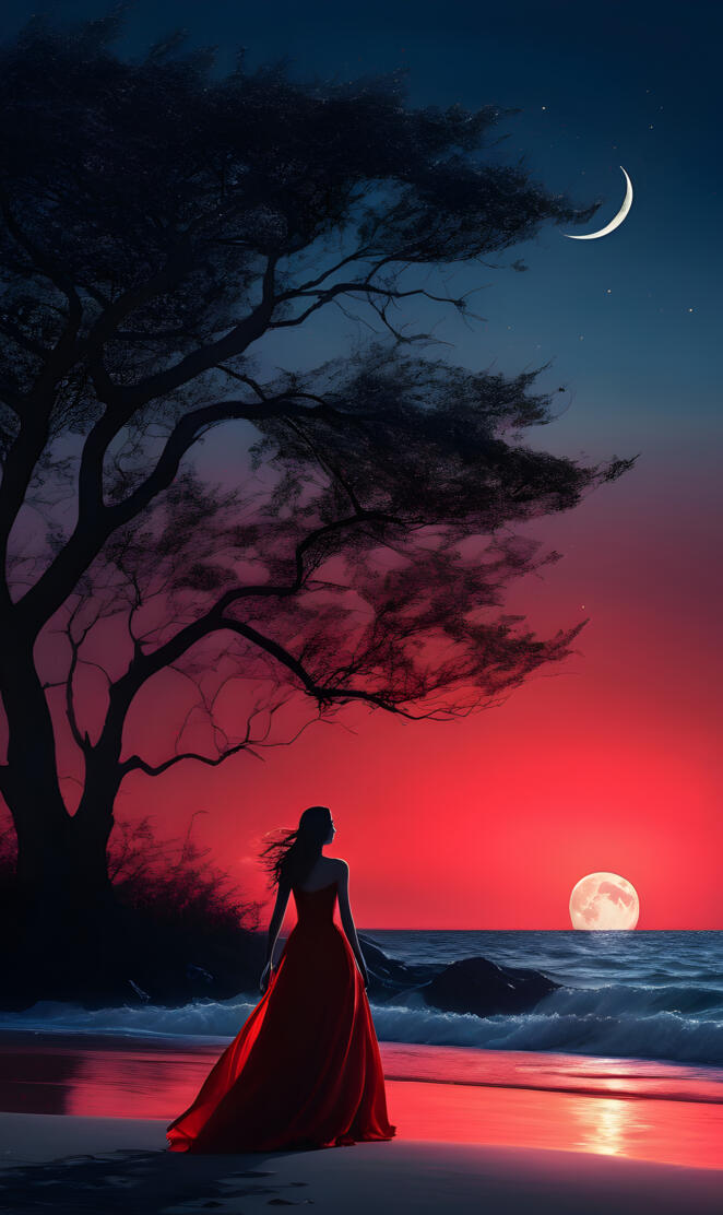 a person in a red dress in front of a tree at night