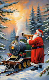 a person in santa clause outfit standing next to a train