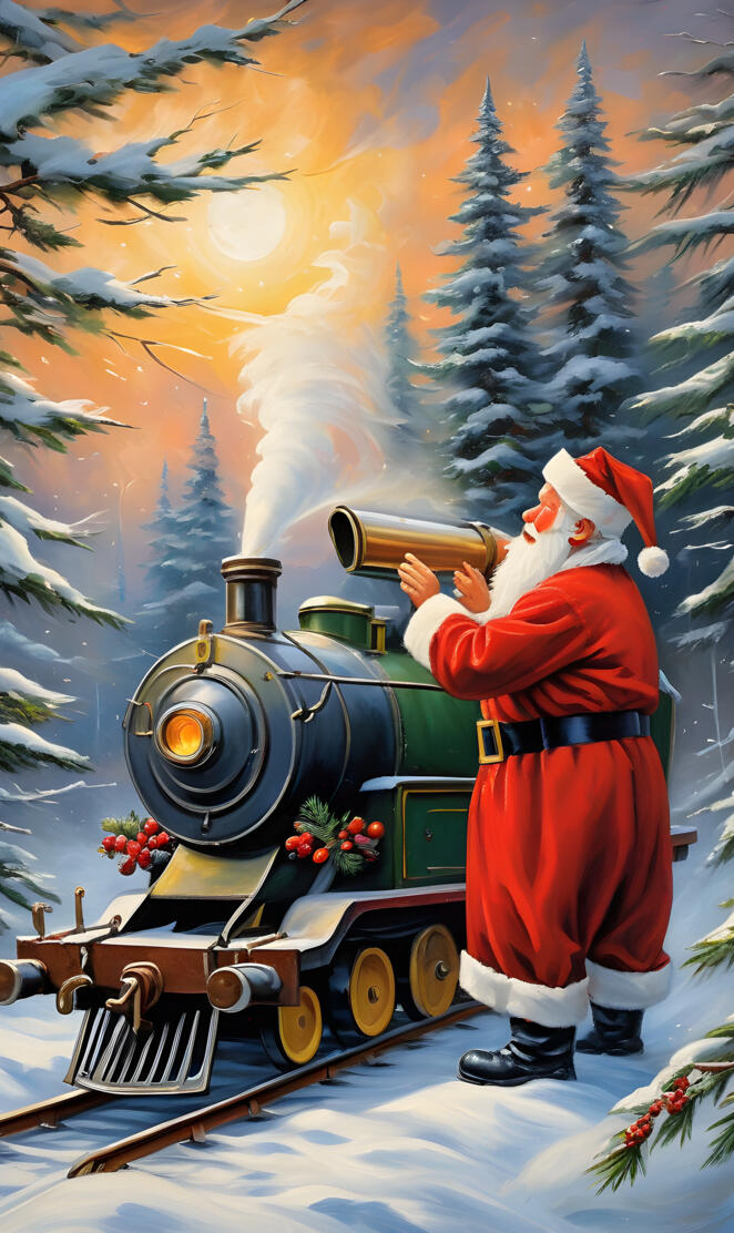 a person in santa clause outfit standing next to a train