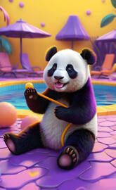 a panda holding a banana