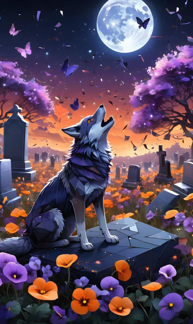 Wolf in Graveyard with Pansies