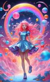 a person posing in front of a wall of colorful lights