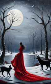 a person in a red dress and two dogs in a snowy forest