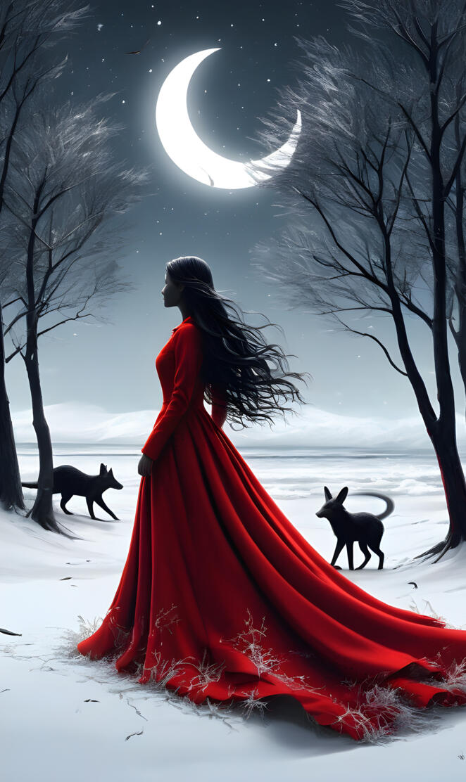 a person in a red dress and two dogs in the snow