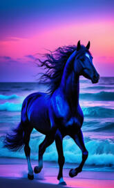 racing black horse on the beach