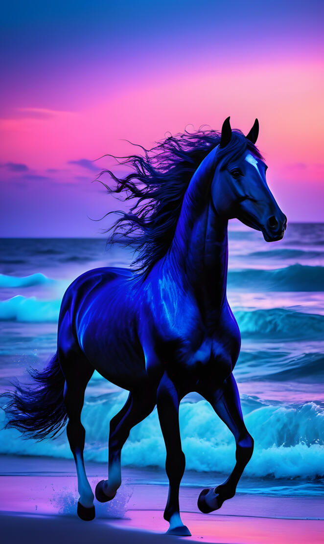 racing black horse on the beach