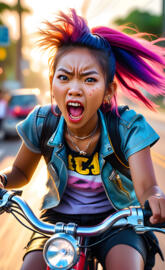 a woman with pink hair riding a bike