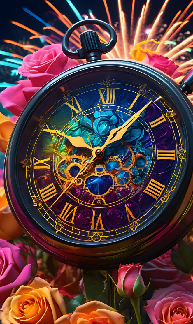 a colorful clock with a blue face
