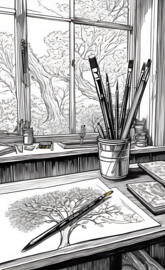 In a (((vividly drawn pencil and ink scene))), two ((paintbrushes)) ar