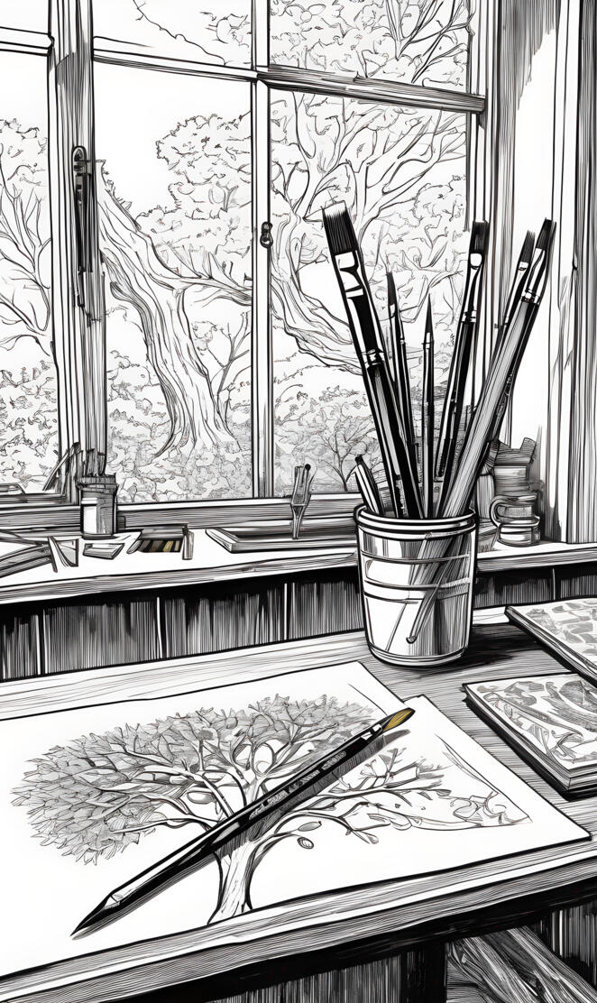 In a (((vividly drawn pencil and ink scene))), two ((paintbrushes)) ar