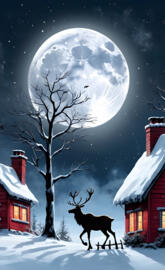 Silhouette of Reindeer against snowy scene and large moon.