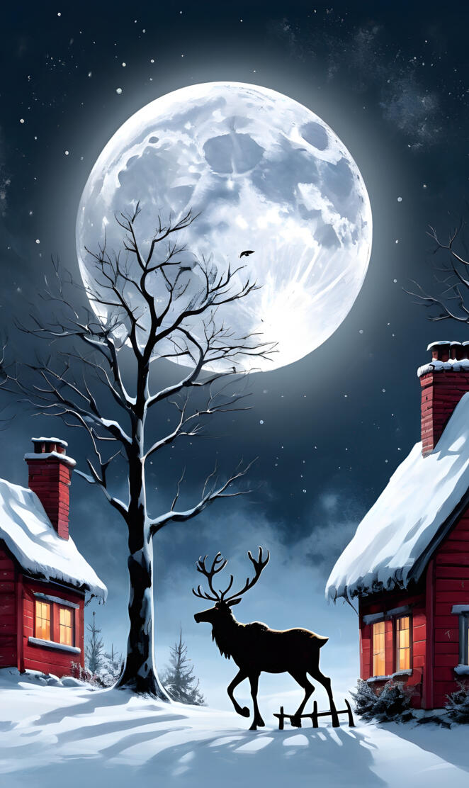 Silhouette of Reindeer against snowy scene and large moon.