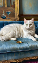 White Cat on a blue sofa