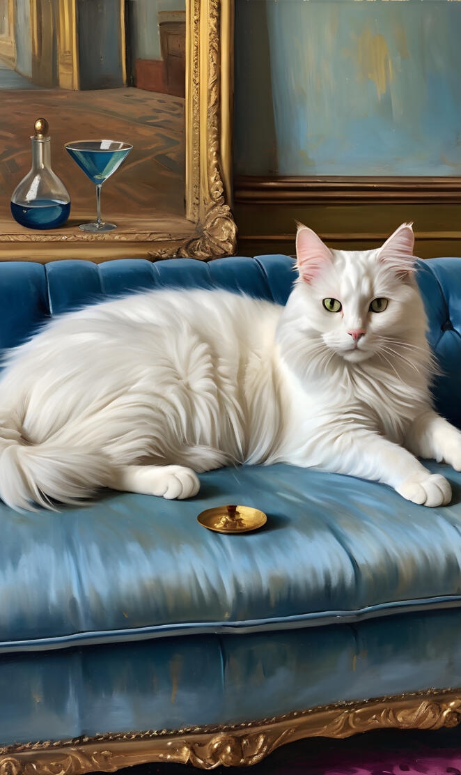 White Cat on a blue sofa