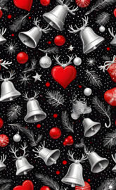 a black and red background with white and black objects and a red