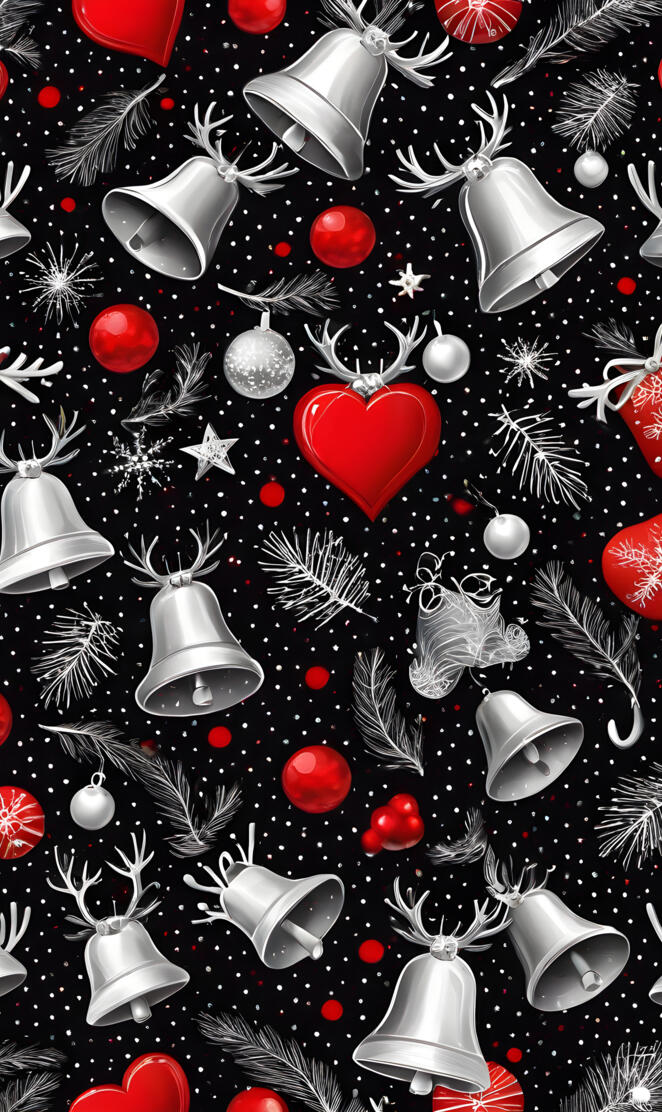 a black and red background with white and black objects and a red