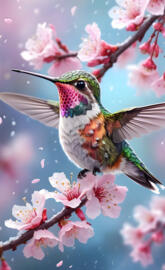 a hummingbird flying over pink flowers