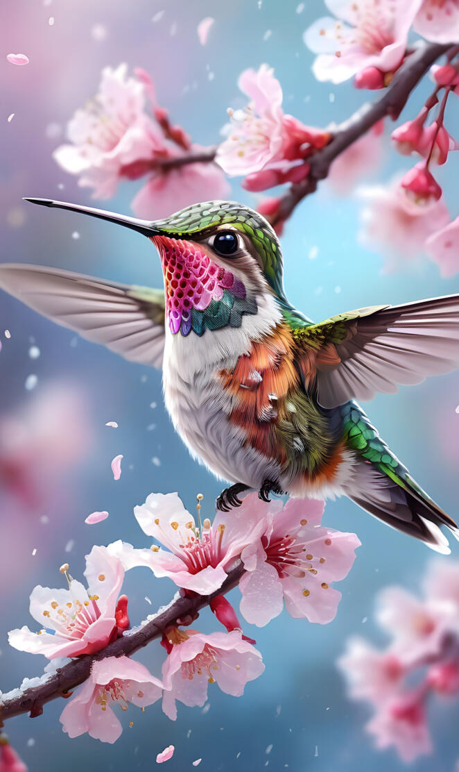 a hummingbird flying over pink flowers